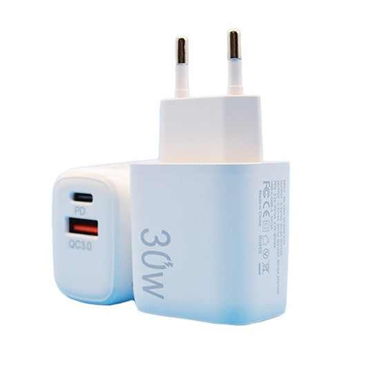 Incarcator Fast Charging pentru Telefon, Flippy, Dual Port USB-A si USB-C cu Cap de Incarcare Standard European, 30W Q.C 3.0, Alb
